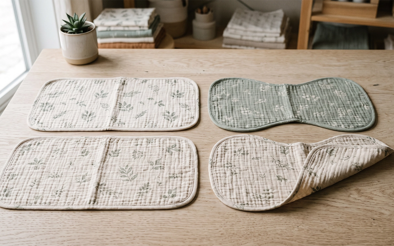 Our four-piece display compares two rectangular and two contoured muslin burp cloths. The folded edge reveals layered construction while the forms help buyers review curves, symmetry, and proportions.