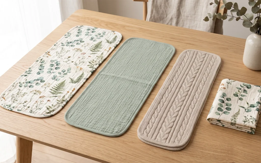 Our rectangular burp cloth series shows printed muslin, solid quilted gauze, and cable-knit surfaces. The shared outline supports different fabrics, GSM levels, layer structures, prints, and finishes.