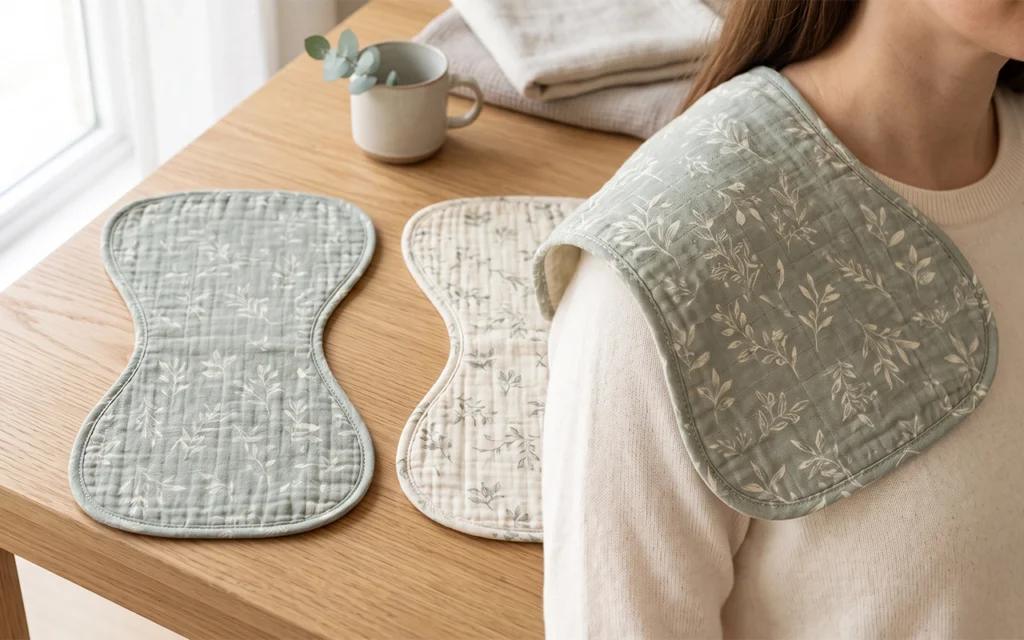 Our shoulder demonstration shows how a contoured burp cloth follows the neck and shoulder more naturally. Two flat samples clarify the narrow center, rounded ends, balanced curves, and coverage areas.