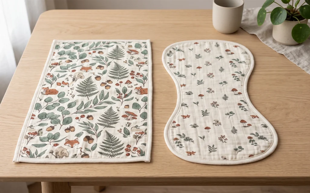 Our side-by-side display compares a rectangular forest-print burp cloth with a contoured botanical design. Shape changes print areas, shoulder fit, edge curves, coverage, and overall product identity.