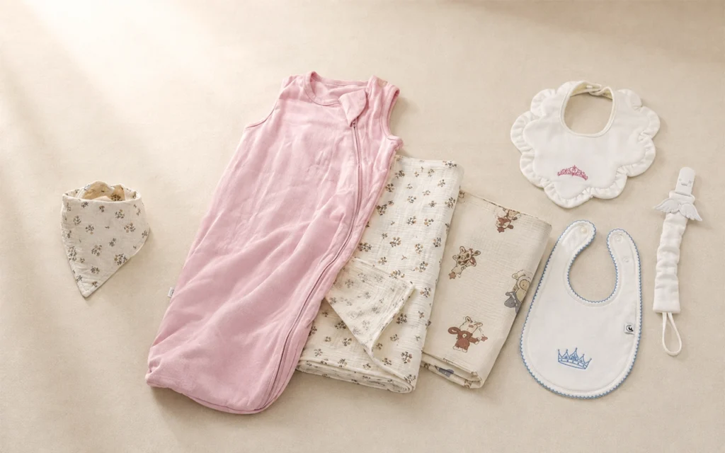 Our low MOQ baby product manufacturing supports coordinated sleep sacks, muslin blankets, baby bibs, and pacifier clips at our Hangzhou, China OEM/ODM factory with over 40 years of trusted experience.