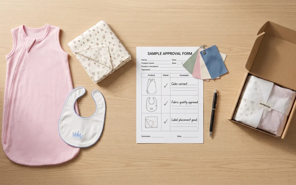 Our small MOQ baby textile manufacturing process uses sample approval, fabric checks, product review, and packaging checks at our Hangzhou, China OEM/ODM factory with 40+ years of in-house experience.