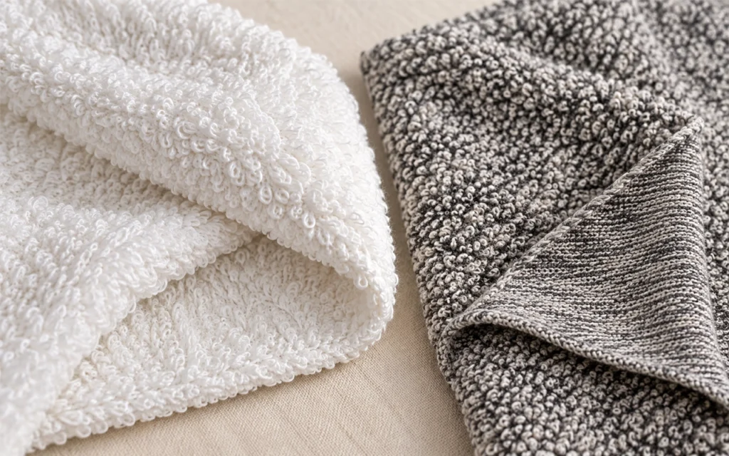 We place woven double-sided terry and knitted terry in close comparison, making differences in loop density, reverse structure, thickness, soft feel, and product application easy for buyers to assess.