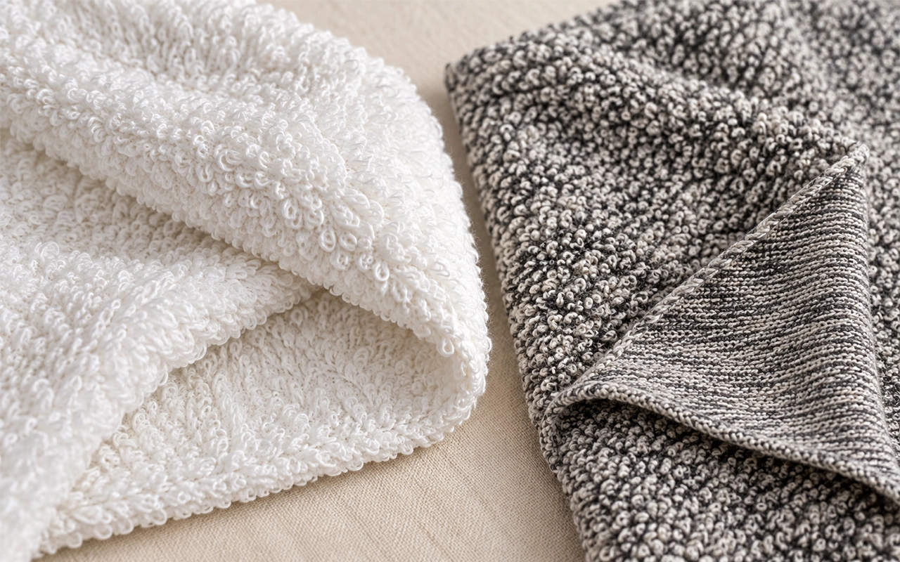 We place woven double-sided terry and knitted terry in close comparison, making differences in loop density, reverse structure, thickness, soft feel, and product application easy for buyers to assess.