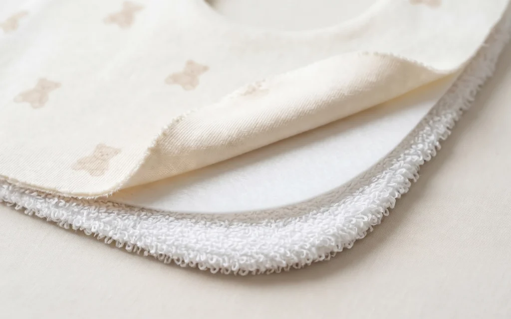 We show how a baby bib can combine a printed knitted outer fabric, an absorbent middle layer, and soft terry backing, giving brands separate control over appearance, function, softness, and thickness.