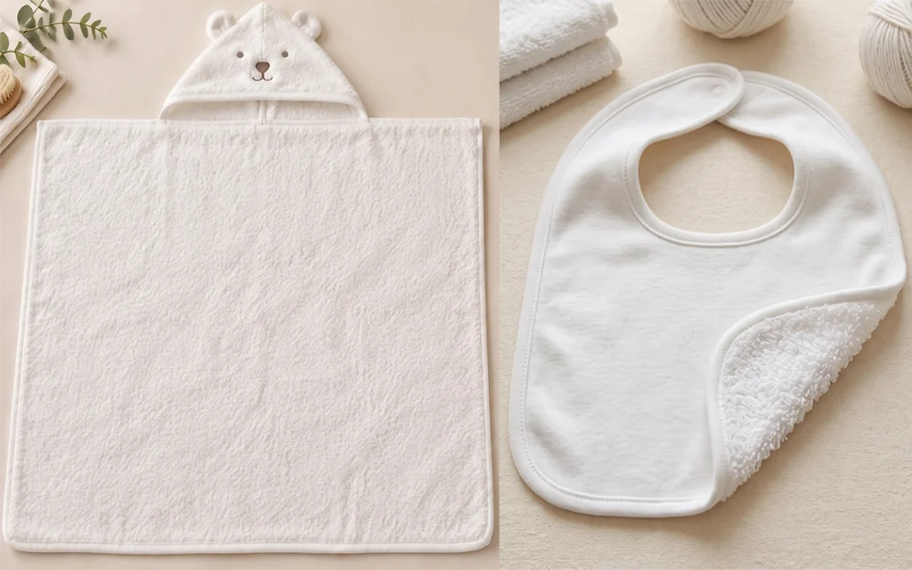 We translate terry selection into finished products: a hooded bear towel uses a visible towel-like surface, while a baby bib combines a smooth front with soft terry backing for comfort and absorbency.