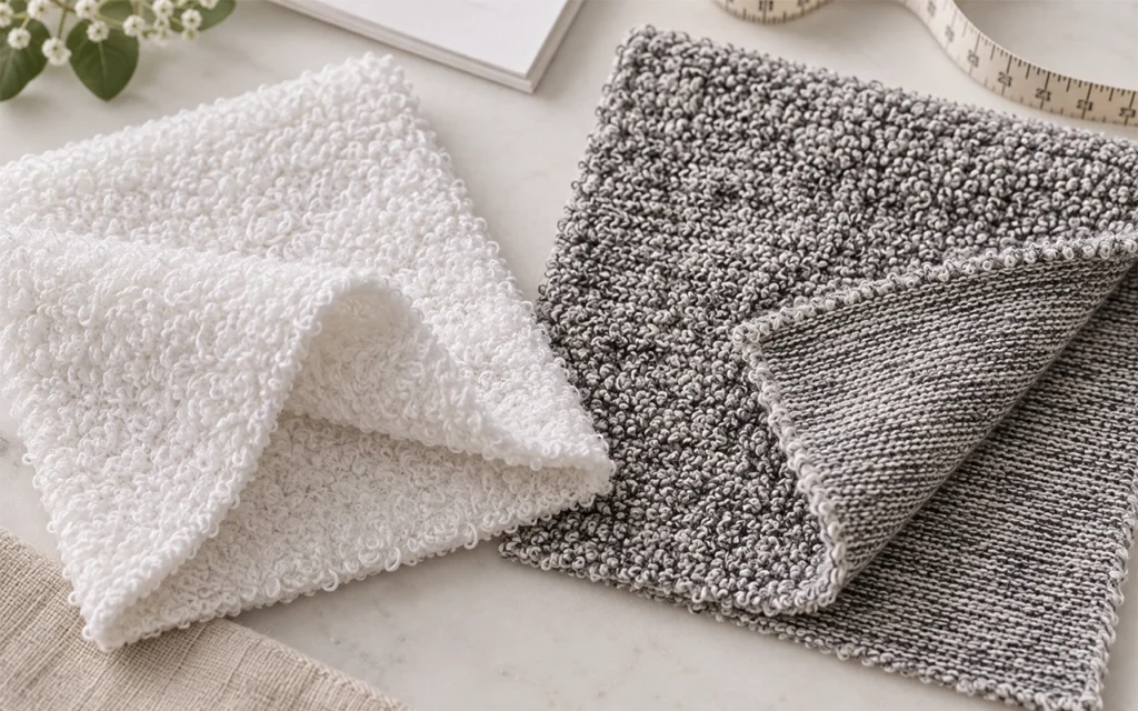 We compare woven double-sided terry with marled knitted terry, showing how loop coverage, reverse texture, flexibility, and construction direct fabric selection for baby towels, bibs, and burp cloths.