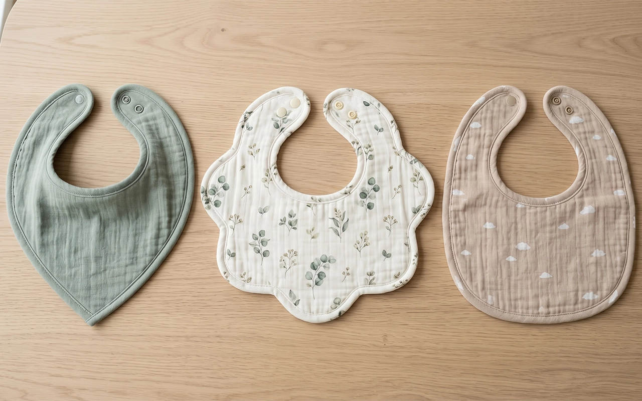 Our coordinated triangle, petal, and rounded muslin bibs combine solid and printed options with adjustable snaps, showing how shape changes coverage, decoration room, and collection positioning goals.