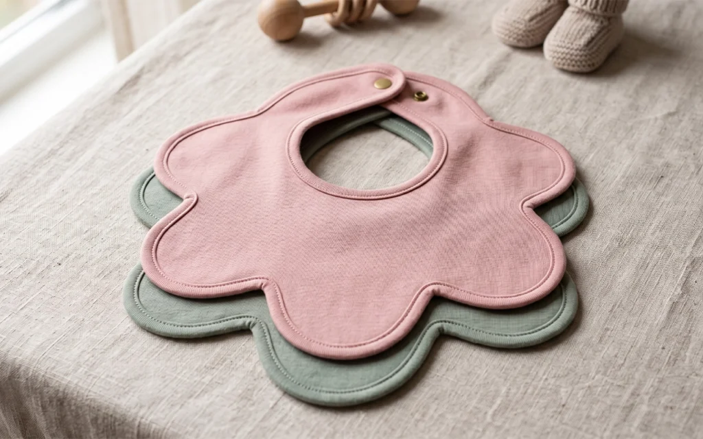 Our layered flower-shaped bibs highlight the gentle, decorative appeal of petal silhouettes, with smooth bound curves, adjustable snaps, and solid tones suited to gift-led baby collections for retail.
