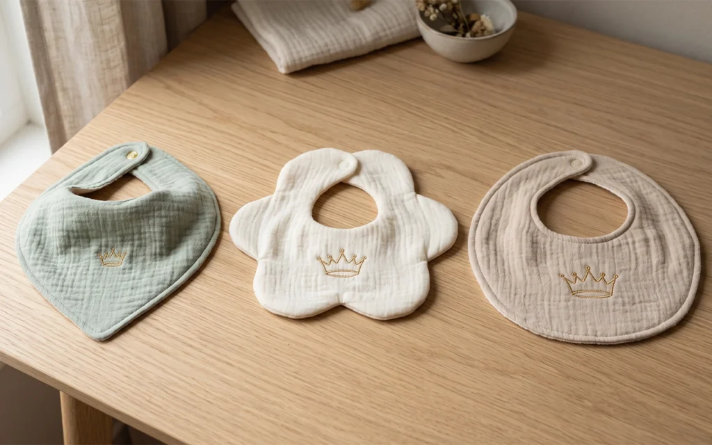 Our triangle, petal, and round muslin bibs show how one fabric family and crown embroidery can support distinct silhouettes, from compact, casual styling to decorative appeal and broader coverage too.