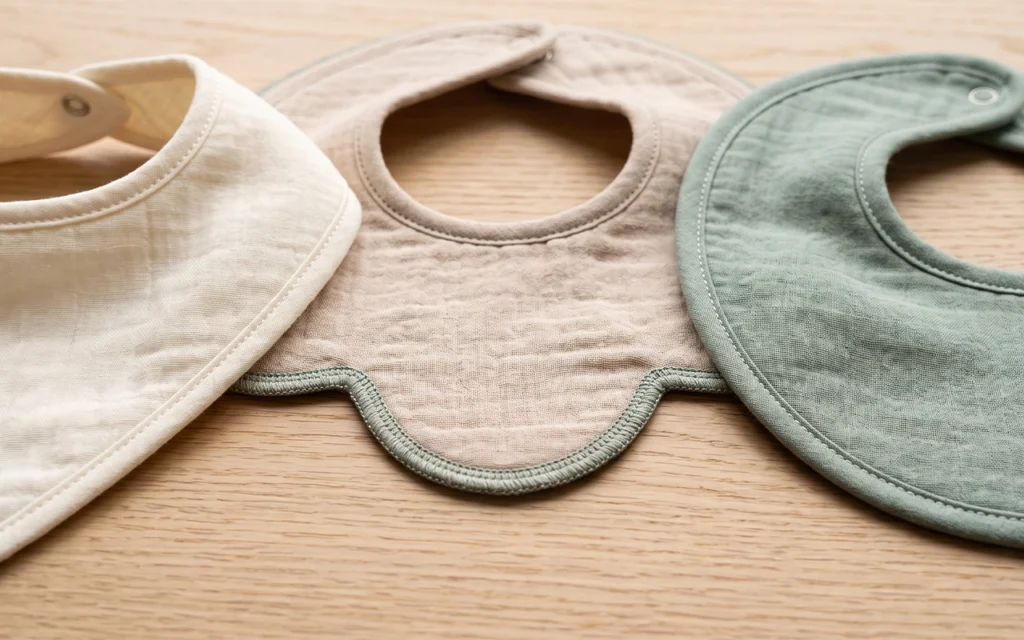 Our close view compares clean binding, curved petal edging, neck openings, and snap details across three muslin bib styles, helping buyers assess sewing precision, symmetry, fit, and finish in detail.