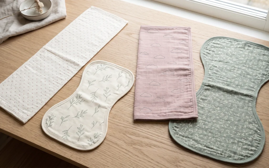 Our product layout compares long, compact rectangular burp cloths with small and large contoured designs. Length, maximum width, center width, shape, and usable areas create distinct market positions.
