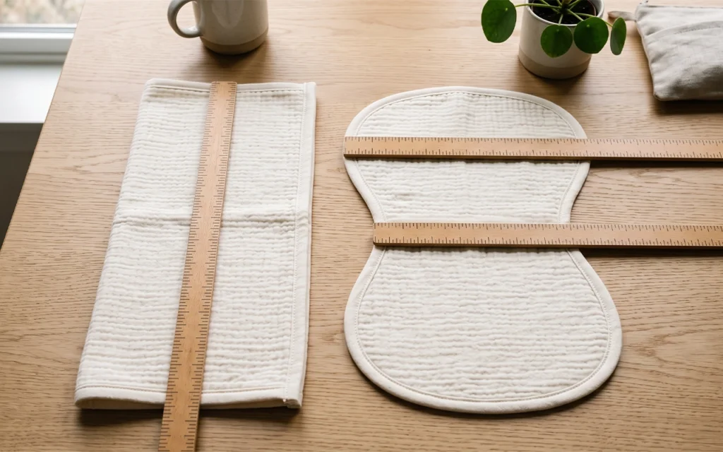 Our measurement setup shows a ruler along a rectangular burp cloth and rulers across a contoured style. Buyers should record finished length, maximum width, and narrowest center width before sampling.