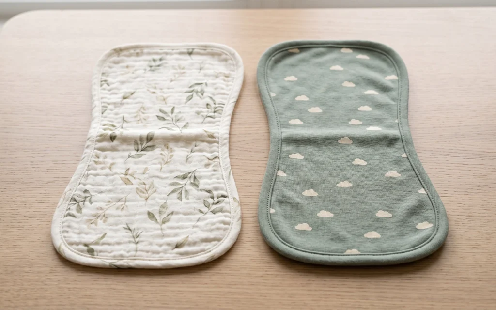 Our paired contoured burp cloths share the same outline but use different fabrics and prints. Maximum width, narrow center width, total length, layers, and GSM together shape coverage, bulk, and feel.