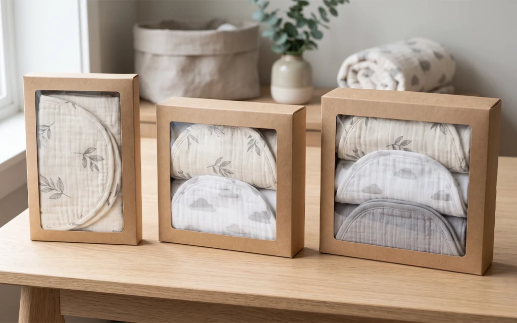 Our packaging display compares single, two-piece, and three-piece burp cloth sets in window boxes. Folded size, fabric thickness, layer count, and pack quantity all affect box volume and presentation.