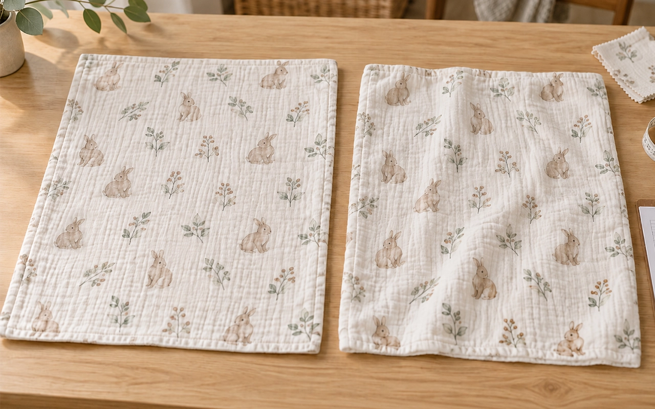 Our pre-wash and post-wash muslin samples show how one fabric can shrink, wrinkle, or develop uneven edges after care, even when pieces begin from the same paper pattern. Inorange Baby offers OEM/ODM.