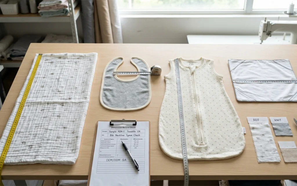 Our QA check records dimensions on a muslin blanket, baby bib, sleep sack, and bedding piece, showing why every product needs pre-wash and post-wash measurements before bulk production. Inorange Baby.