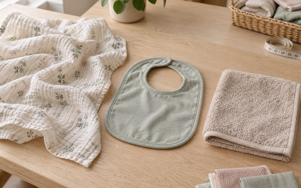 Our muslin blanket, knitted bib and terry washcloth show why shrinkage data cannot be copied from one fabric structure to another. Inorange Baby tests complete OEM/ODM products before bulk production.