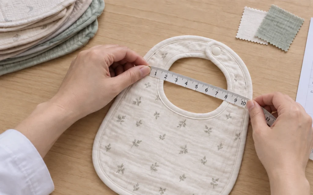 Our team measures a bib neckline after washing because shrinkage can change its opening, width, length, symmetry, curved edges and layer alignment. Inorange Baby provides custom OEM/ODM sample checks.