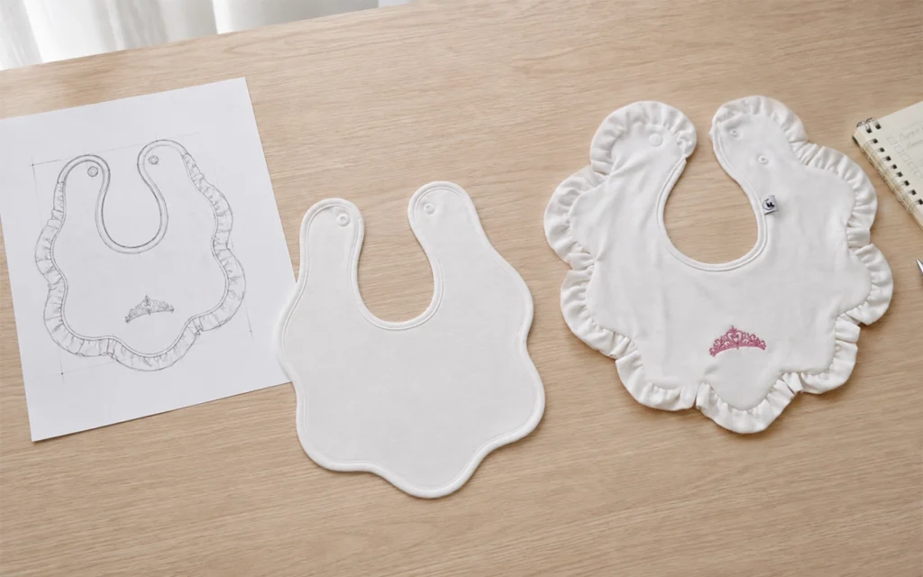 Our B2B baby bib sample development compares the design sketch, plain prototype, ruffled shape, embroidery, snaps and custom labels at our Hangzhou, China OEM/ODM factory with 40+ years of experience.