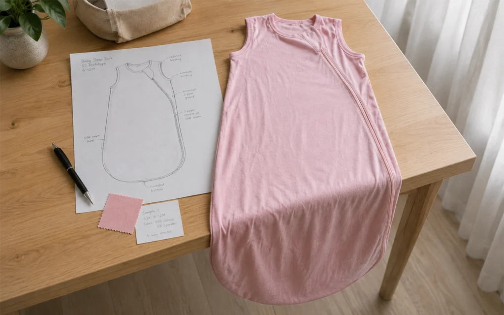 Our custom baby sleep sack sample turns a technical sketch, fabric swatch, neckline, armholes, zipper, and seam into a real product at our Hangzhou, China OEM/ODM factory with 40+ years of experience.