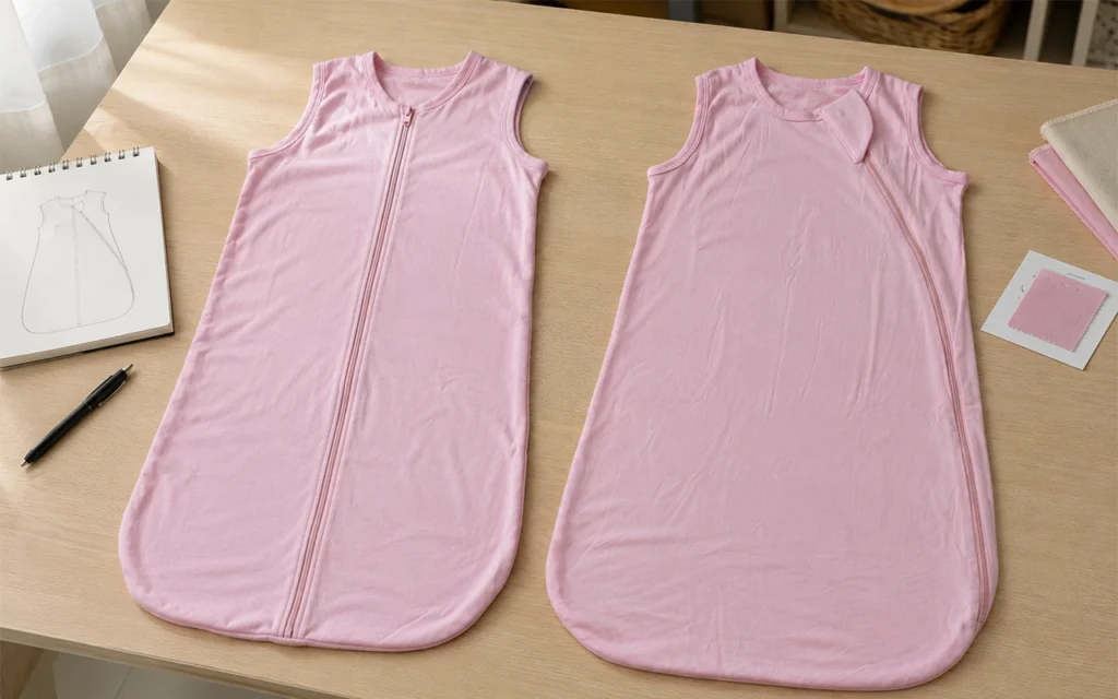 Our baby sleep sack samples clearly compare center and diagonal zipper constructions before mass production, developed at our Hangzhou, China OEM/ODM factory with 40+ years of baby textile experience.