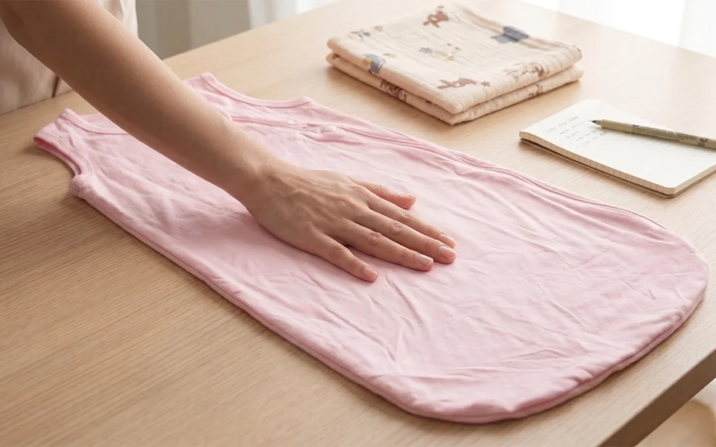 Our actual baby sleep sack sample lets buyers review softness, thickness, drape, stitching, and overall hand feel before production at our Hangzhou, China OEM/ODM factory with 40+ years of experience.