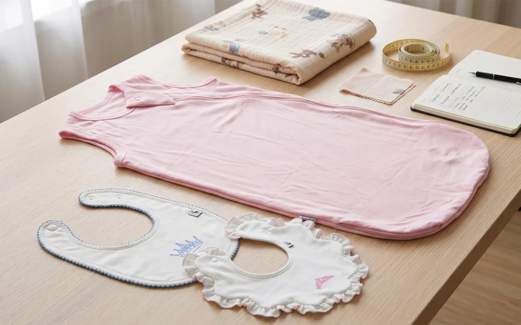Our product samples include a sleep sack, embroidered bibs, and a muslin blanket for material and construction review at our Hangzhou, China OEM/ODM factory with 40+ years of manufacturing experience.