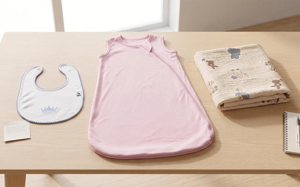 Our baby textile samples include a sleep sack, embroidered bib, and muslin blanket, helping buyers confirm a coordinated collection at our Hangzhou, China OEM/ODM factory with 40+ years of experience.