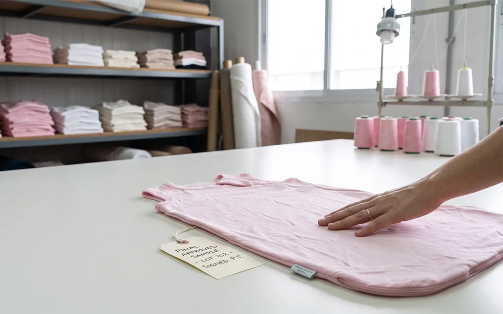 Our final approved baby sleep sack sample confirms fabric, size, sewing quality, zipper function, and labels before mass production at our Hangzhou, China OEM/ODM factory with 40+ years of experience.
