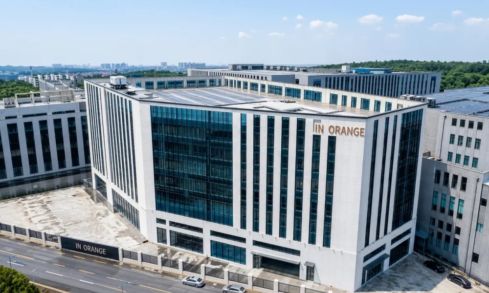 An aerial view of the modern InOrange Baby textile manufacturing factory in China. It demonstrates high-volume bulk production capacity for low MOQ, OEM/ODM nursery bedding clients globally.